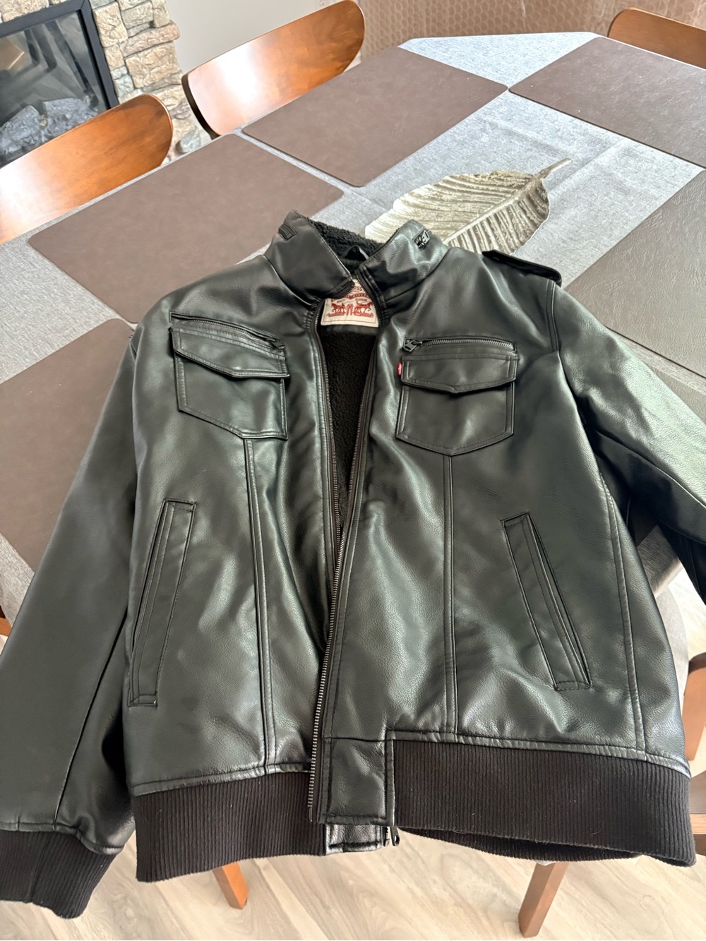 Levis Men's Black Faux Leather Bomber Jacket with Sherpa Lining